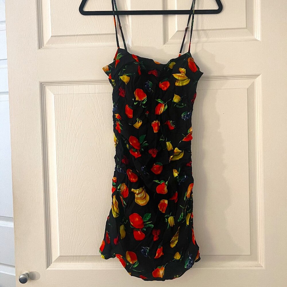 NWT WeWoreWhat Ronnie Ruched Mini Dress in Black and Fruit Print - Med